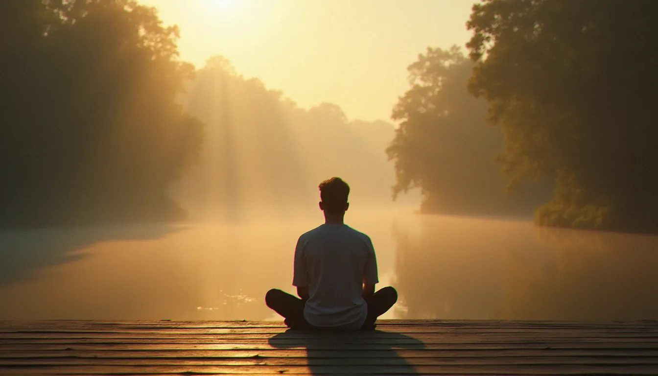 Personne en méditation silencieuse au bord d'une rivière à l'aube, illustrant la spiritualité sans religion vécue dans la nature