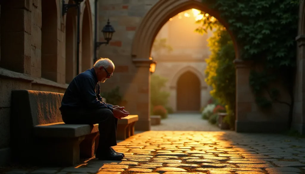 Personne en recueillement dans un jardin de cloître au coucher du soleil, illustrant la spiritualité synonyme d'intériorité et de quête de sens profond