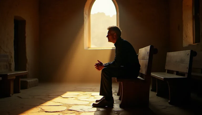 Un homme en contemplation silencieuse dans une chapelle lumineuse, illustrant une spiritualité vécue dans le recueillement quotidien