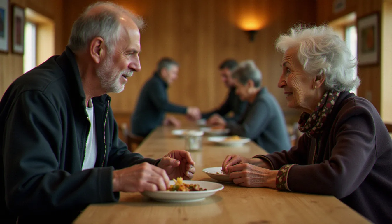 Bénévole partageant un repas avec une personne en situation précaire dans un foyer associatif, expression d'une spiritualité sans frontières vécue dans la solidarité