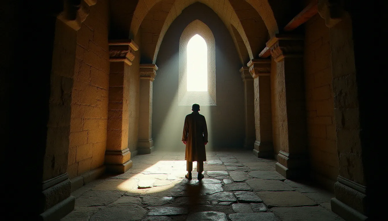 Silhouette solitaire dans un couloir de pierre ancienne traversé de lumière, évoquant la quête du sacré dans une spiritualité sans dogme imposé