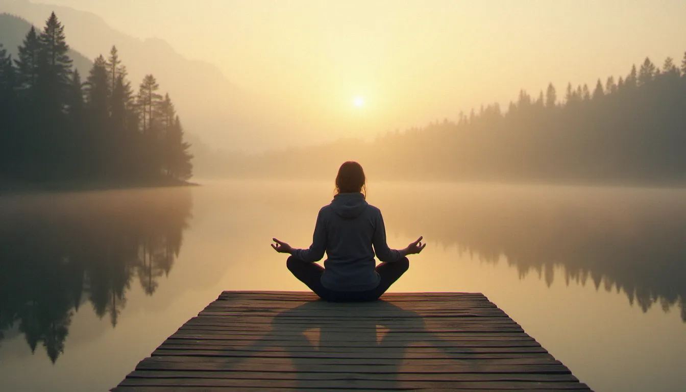 Personne en méditation au bord d'un lac au lever du soleil, illustrant une spiritualité sans religion dans le silence de la nature