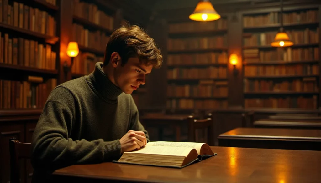 1987 en litterature featured Salle de lecture universitaire française des années 1987 en littérature, éclairée à l'ambre, avec un jeune homme absorbé dans la lecture d'un roman sur un bureau en bois sombre