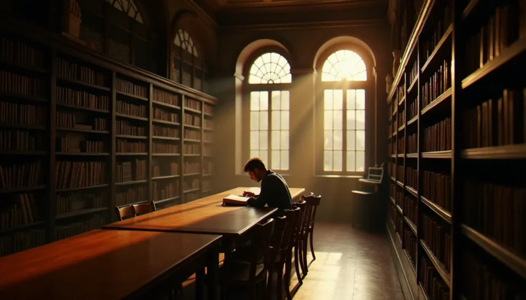 1991 en litterature featured Salle de lecture d'une bibliothèque française des années 1991, un lecteur plongé dans un roman sous la lumière dorée des fenêtres, évoquant l'atmosphère littéraire de l'année 1991 en littérature
