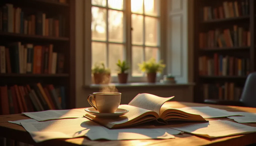 1996 en litterature featured Une table de lecture en bois avec un livre ouvert sur des œuvres littéraires de 1996, éclairée par la lumière dorée d'une après-midi d'automne dans un appartement français