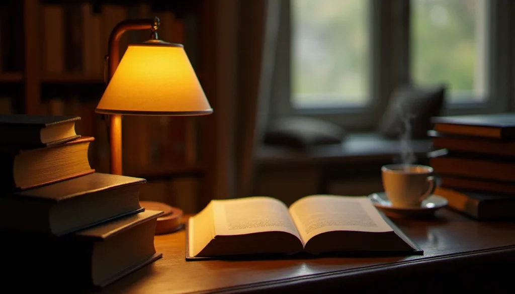 2003 en litterature featured Une table de lecture éclairée à la lampe avec plusieurs romans ouverts empilés, évoquant l'univers de 2003 en littérature dans une bibliothèque aux tonalités chaleureuses