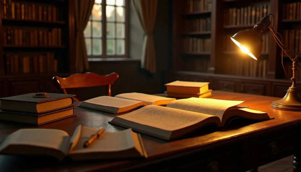 Bureau d'écrivain éclairé à la lampe dorée avec des livres ouverts et un manuscrit, évoquant l'effervescence créatrice de l'année 2005 en littérature