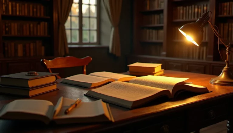 Bureau d'écrivain éclairé à la lampe dorée avec des livres ouverts et un manuscrit, évoquant l'effervescence créatrice de l'année 2005 en littérature