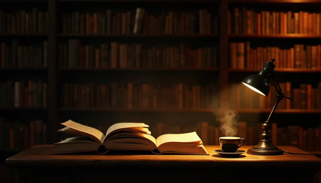 Une librairie française de 2007 avec ses étagères de romans littéraires, une lampe de lecture illuminant un livre ouvert sur une table en bois, évoquant l'atmosphère de la littérature de cette année marquante