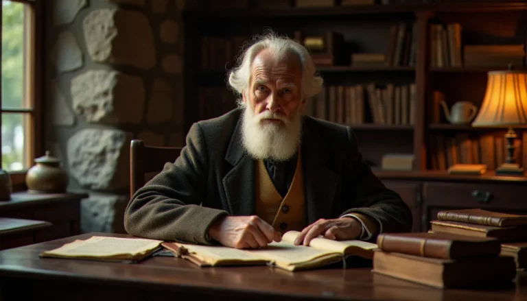 Portrait évocateur d'un penseur suisse assis dans un bureau ancien entouré de livres et manuscrits, illustrant l'univers intellectuel et spirituel de Carl Gustav Jung