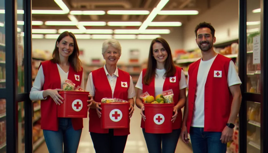 Des bénévoles de la Croix Rouge en gilets rouges tenant des paniers de collecte alimentaire à l'entrée d'un supermarché français