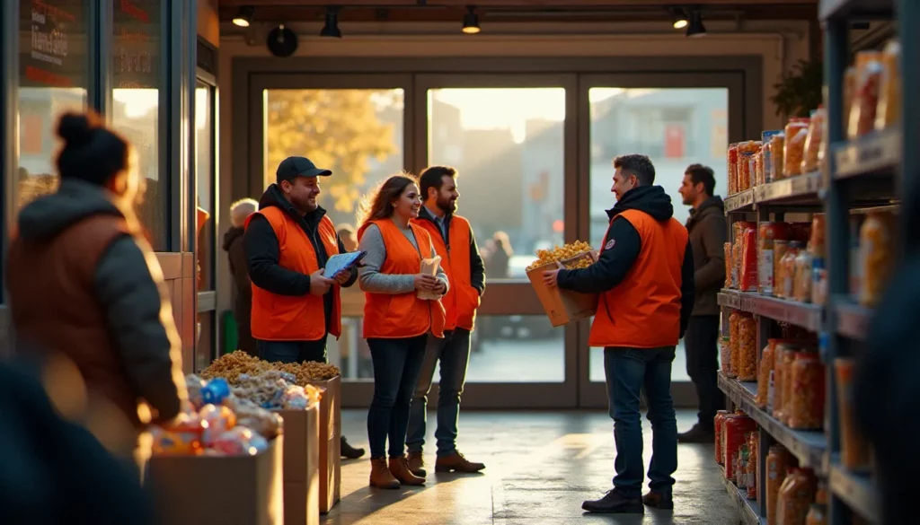 Des bénévoles du Secours Populaire accueillent des donateurs lors d'une collecte alimentaire en 2026 devant un supermarché français