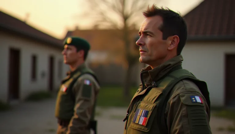 Un citoyen civil et un militaire français côte à côte devant une caserne régionale, illustrant l'engagement citoyen armée dans sa dimension humaine et quotidienne