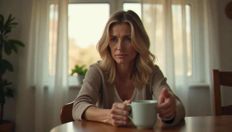 Une femme aux traits expressifs et apaisants assise à une table de cuisine lumineuse, évoquant le personnage de medium avec Patricia Arquette dans la série éponyme