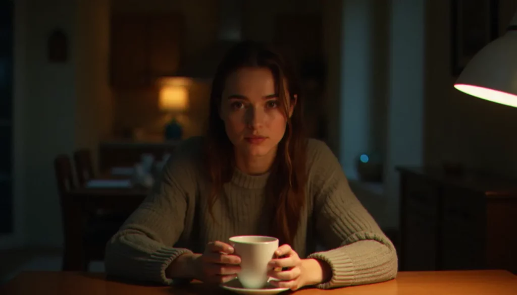 Une femme seule à sa table de cuisine la nuit, absorbée dans ses pensées, évoquant l'univers du medium avis serie à travers une atmosphère intime et surnaturelle