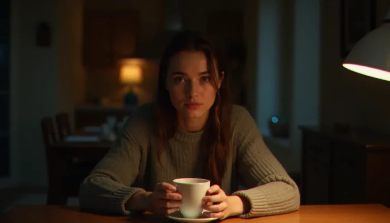 Une femme seule à sa table de cuisine la nuit, absorbée dans ses pensées, évoquant l'univers du medium avis serie à travers une atmosphère intime et surnaturelle
