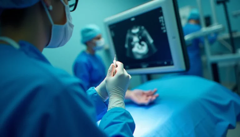Un radiologue réalisant un medium biopsy test sous guidage échographique dans une salle d'imagerie interventionnelle