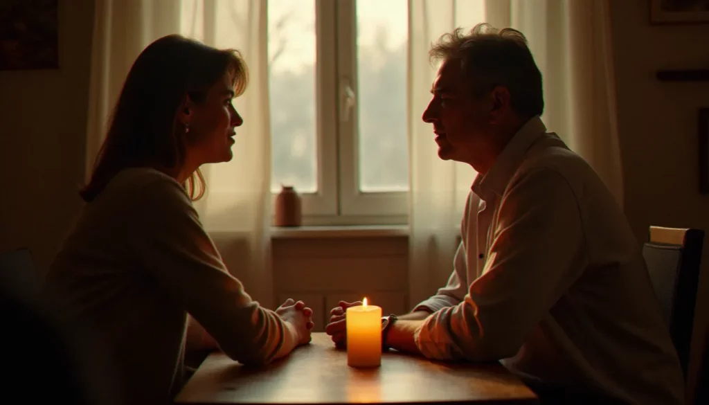 Une femme en séance de consultation avec un médium dans une pièce chaleureuse éclairée à la bougie, illustrant comment ca marche une séance médiumnique