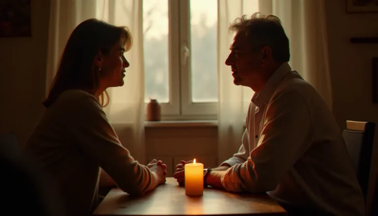 Une femme en séance de consultation avec un médium dans une pièce chaleureuse éclairée à la bougie, illustrant comment ca marche une séance médiumnique