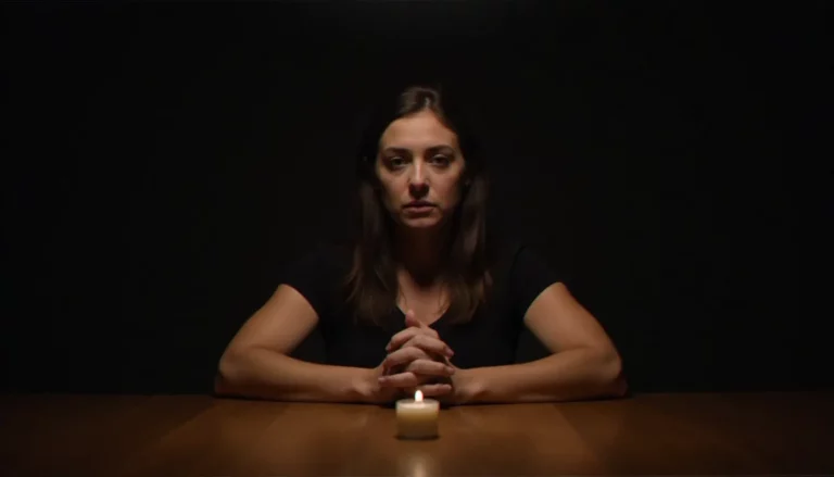 Femme seule à une table à la lumière d'une bougie, illustrant la vulnérabilité face à un medium et la nécessité de se protéger