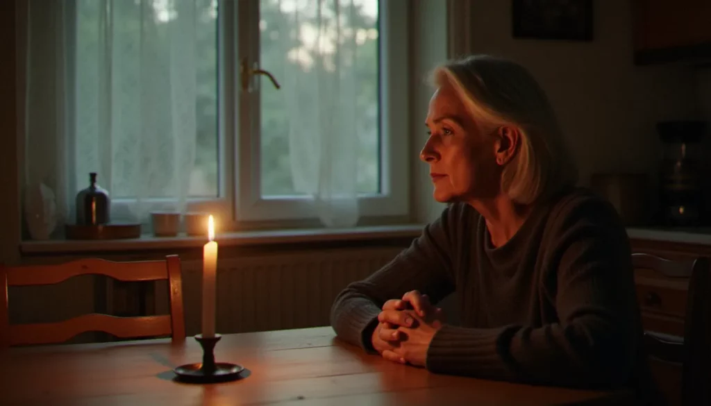 Une femme seule en recueillement devant une bougie, symbole de la quête spirituelle liée au phénomène medium France 2025