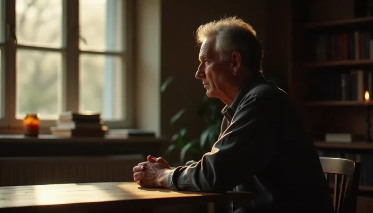 Personne pensive à une table en bois près d'une fenêtre lumineuse, dans une atmosphère introspective évoquant la recherche du meilleur medium avec discernement