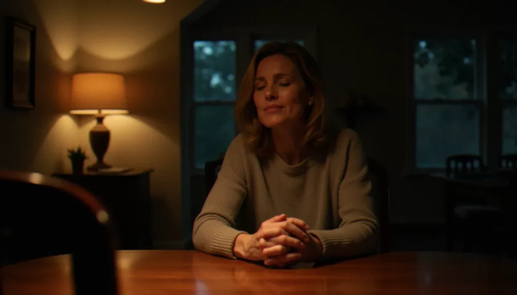 Femme concentrée à une table de cuisine éclairée par une lampe douce, évoquant l'atmosphère intime du medium meilleur épisode de la série télévisée
