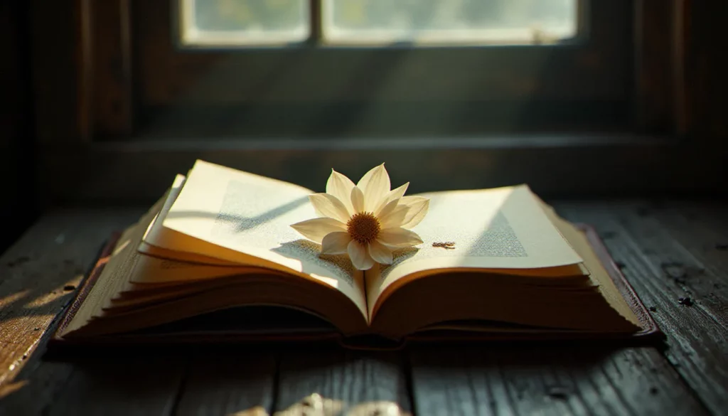 Un vieux livre relié en cuir ouvert sur une table en bois baigné de lumière matinale, symbole de la quête du medium meilleur livre