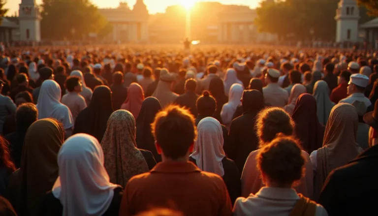 Foule de fidèles de différentes religions rassemblés sur une place publique au coucher du soleil, illustrant la diversité des religions avec le plus de fidèles dans le monde