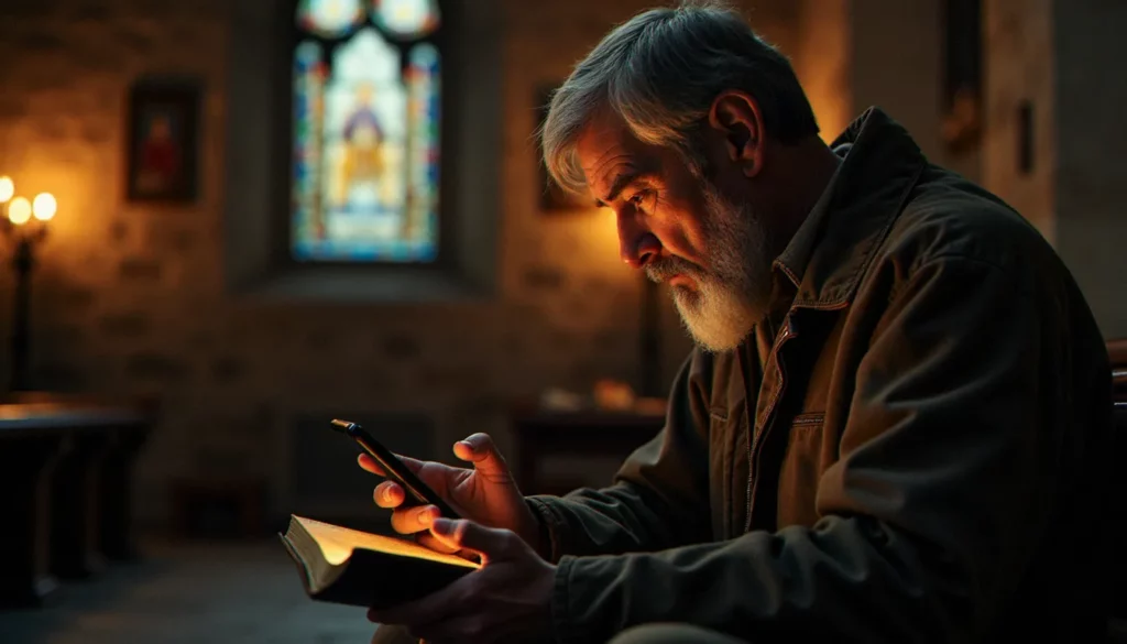 religion bio data featured Un homme en prière dans une église ancienne tenant une Bible et un smartphone, illustrant la tension entre religion, bio data et vie spirituelle contemporaine