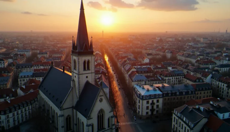 Vue aérienne d'une ville française au crépuscule avec un clocher d'église entouré d'immeubles modernes, illustrant la religion en France à l'horizon 2050
