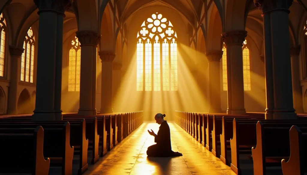 religion france pourcentage featured Intérieur d'une cathédrale française au coucher du soleil avec une fidèle en prière, illustrant la pratique religieuse en France et les pourcentages de croyants