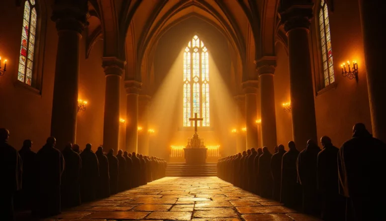 Intérieur d'une cathédrale ancienne éclairée à la bougie avec des moines en prière, illustrant le rôle de la religion comme guide fondateur dans la construction d'une civilisation selon Civ 5