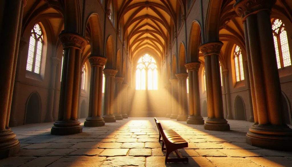 Intérieur d'une cathédrale ancienne baigné de lumière dorée, illustrant la puissance de la religion comme force civilisationnelle dans un guide Civ 7