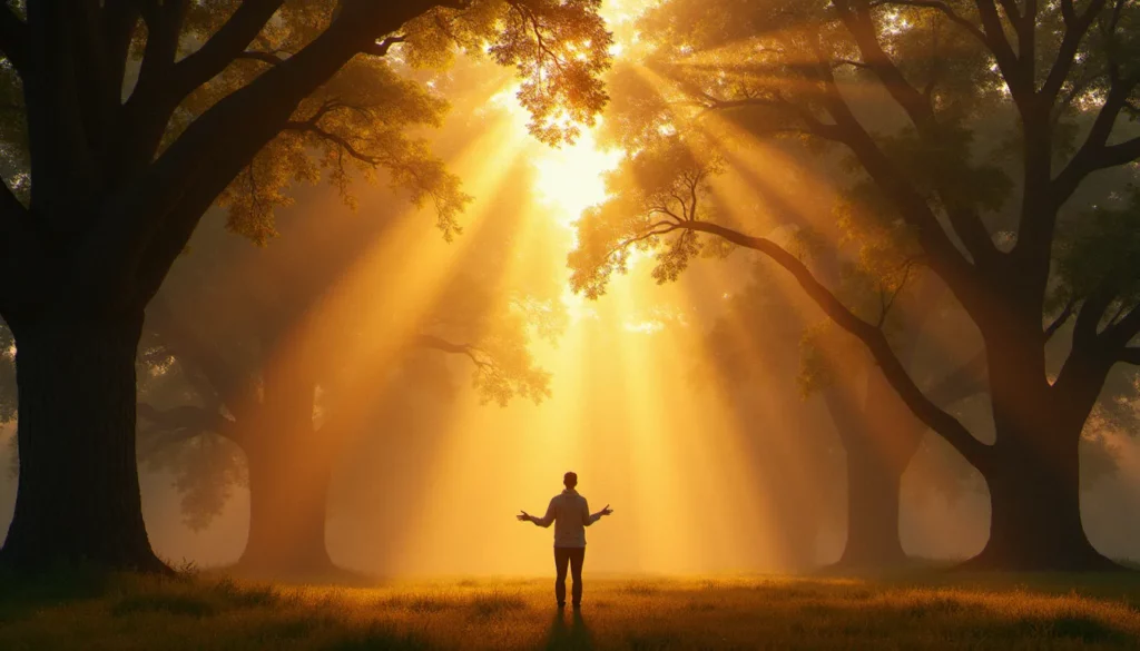 religion naturelle definition featured Silhouette d'une personne en contemplation au seuil d'une forêt à l'aube, illustrant la quête de sens au cœur de la religion naturelle définition