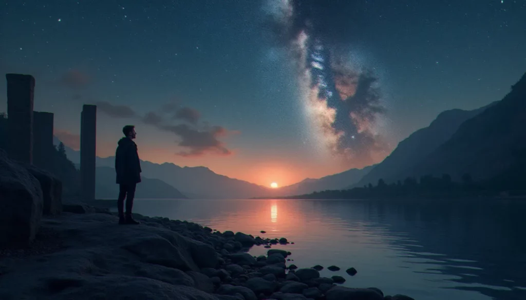 Un homme seul contemple un ciel étoilé au bord d'un fleuve au crépuscule, illustration de la quête entre religion naturelle et révélée
