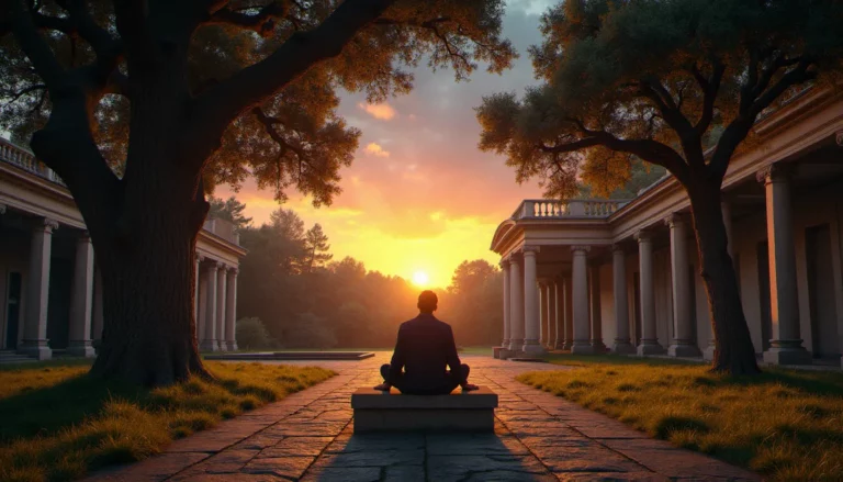 Philosophe méditatif contemplant le ciel étoilé dans un jardin classique, symbole de la religion naturelle et de la quête philosophique du sacré par la raison