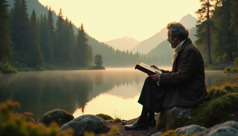 Philosophe méditant au bord d'un lac de montagne à l'aube, évoquant la contemplation de la nature au cœur de la religion naturelle de Rousseau
