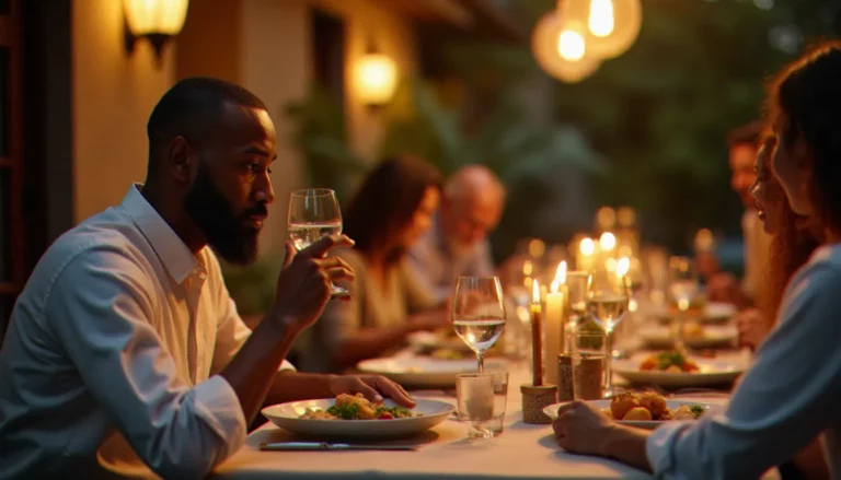 Homme musulman pratiquant la religion sans alcool, tenant un verre d'eau lors d'un repas de famille chaleureux