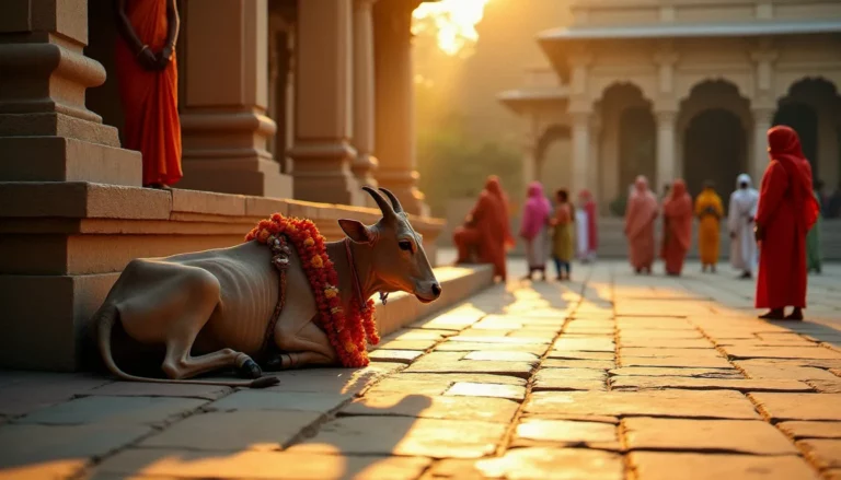 Vache sacrée ornée de guirlandes de fleurs dans la cour d'un temple hindou au coucher du soleil, illustrant la pratique de la religion sans boeuf dans la tradition hindoue