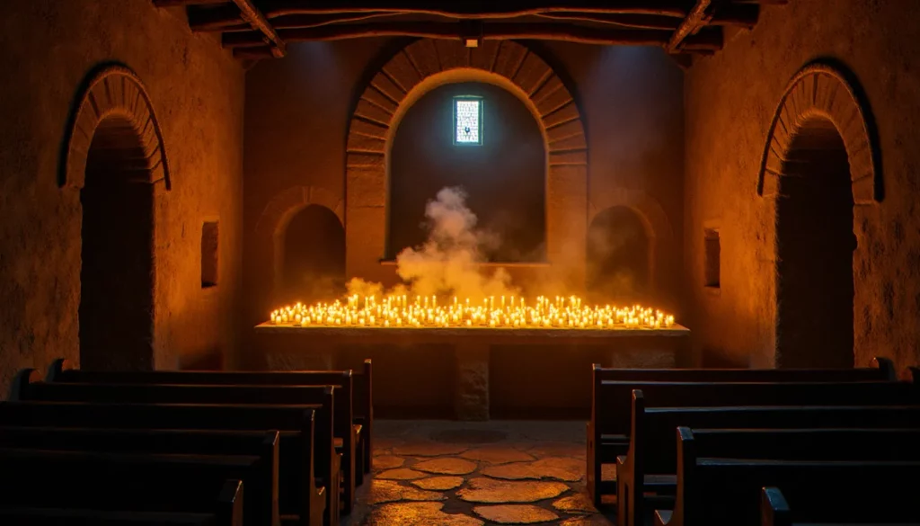 religion sans electricite featured Intérieur d'une chapelle de pierre éclairée uniquement par des bougies, illustrant la pratique d'une religion sans électricité dans un cadre médiéval authentique