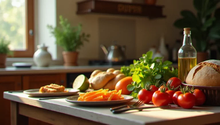 Table familiale respectant les pratiques alimentaires d'une religion sans porc, avec des aliments casher et halal, éclairée par une lumière naturelle chaleureuse