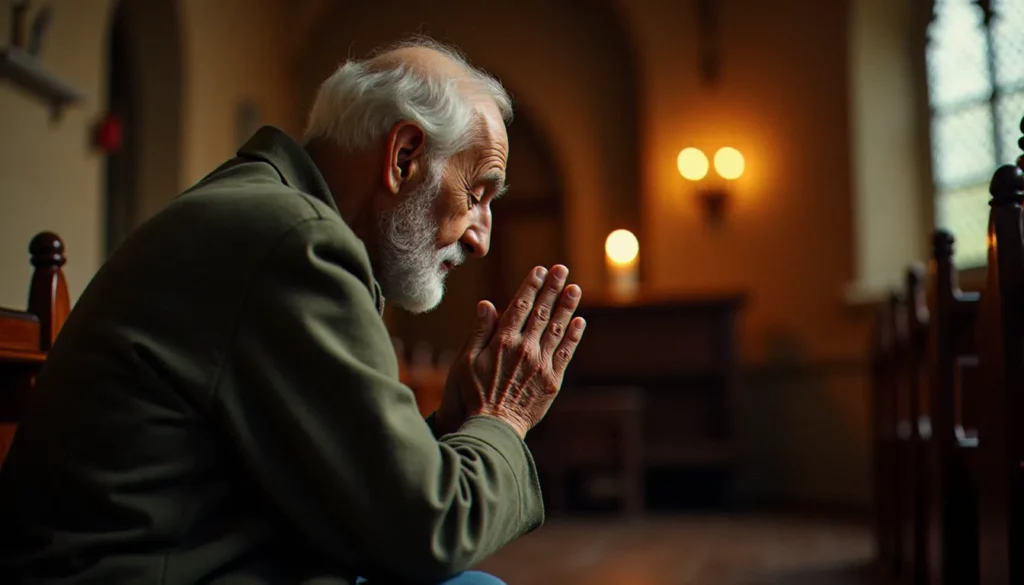 religion sans technologie featured Un homme âgé en prière dans une chapelle en pierre, éclairé à la bougie, illustration d'une pratique de religion sans technologie dans un cadre authentique