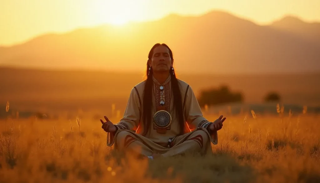 Ancien amérindien méditant dans la prairie au coucher du soleil, illustrant la pratique de la spiritualité amérindienne dans son rapport à la terre