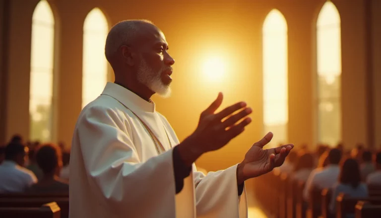 Un homme de Dieu en robe blanche en posture de prière dans une église lumineuse, illustrant la spiritualité avec Docteur Aka Felix et son ministère d'intercession