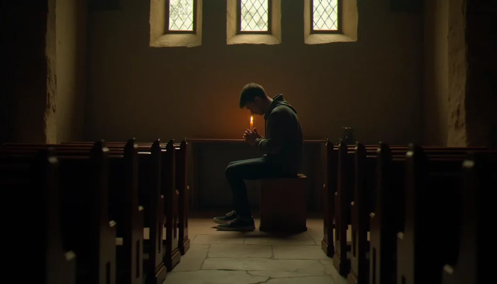 Une personne seule dans une chapelle en pierre, méditant à la lueur d'une bougie, illustrant la quête intérieure et les risques liés à la spiritualité danger
