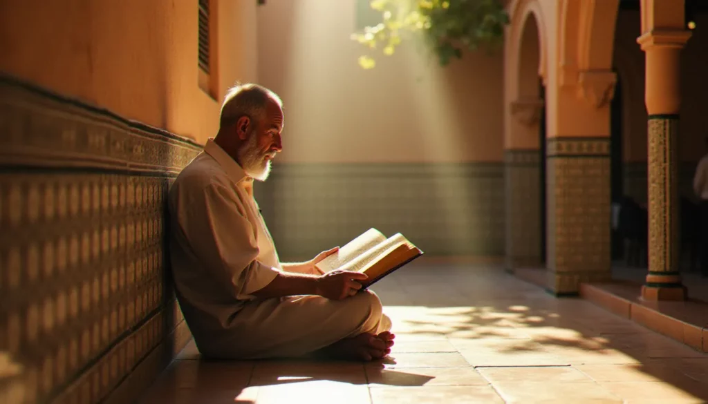 Homme en contemplation dans un patio marocain avec un manuscrit en arabe ouvert, évoquant la spiritualité en arabe et la vie intérieure