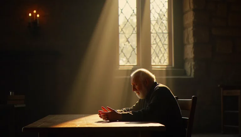 Un homme âgé en contemplation silencieuse près d'une fenêtre d'église baignée de lumière dorée, évoquant la profondeur de la spiritualité et ses racines étymologiques