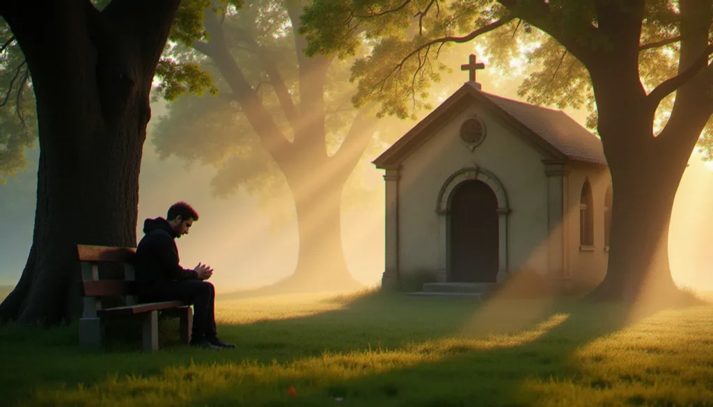 Personne en recueillement silencieux sur un banc de pierre au pied d'une chapelle ancienne baignée de lumière dorée du matin, illustrant la spiritualité comme chemin intérieur et quête de sens