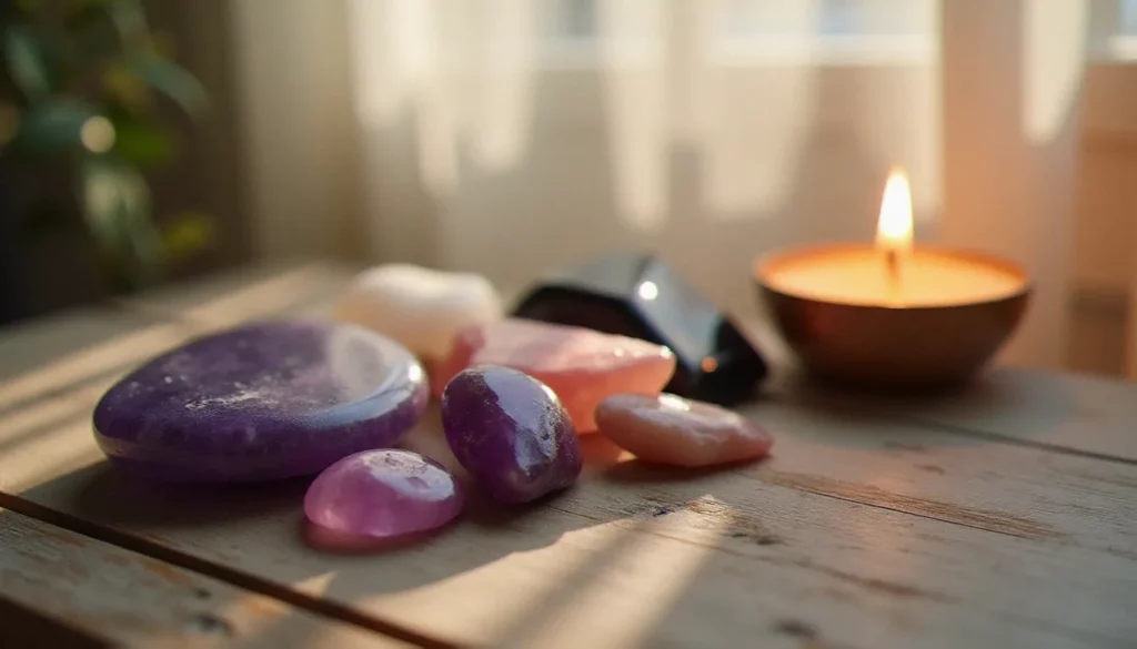 Pierres naturelles polies disposées sur une table en bois pour une pratique de spiritualité, incluant améthyste et quartz rose